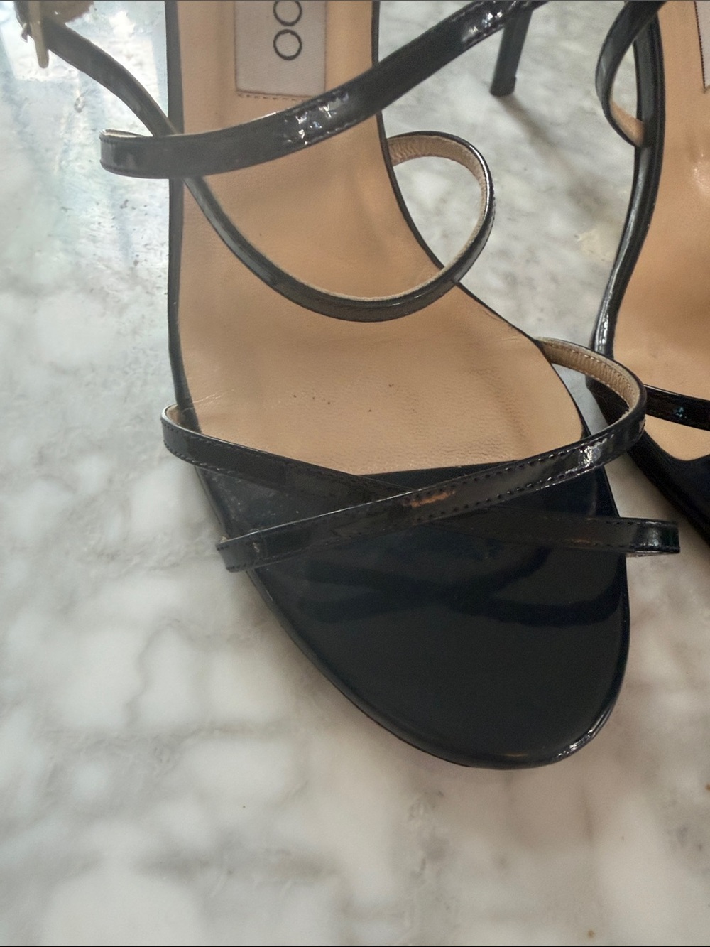 Jimmy Choo Dark Navy Patent Leather Sandals - like new on top, scuffed soles - Picture 11 of 12
